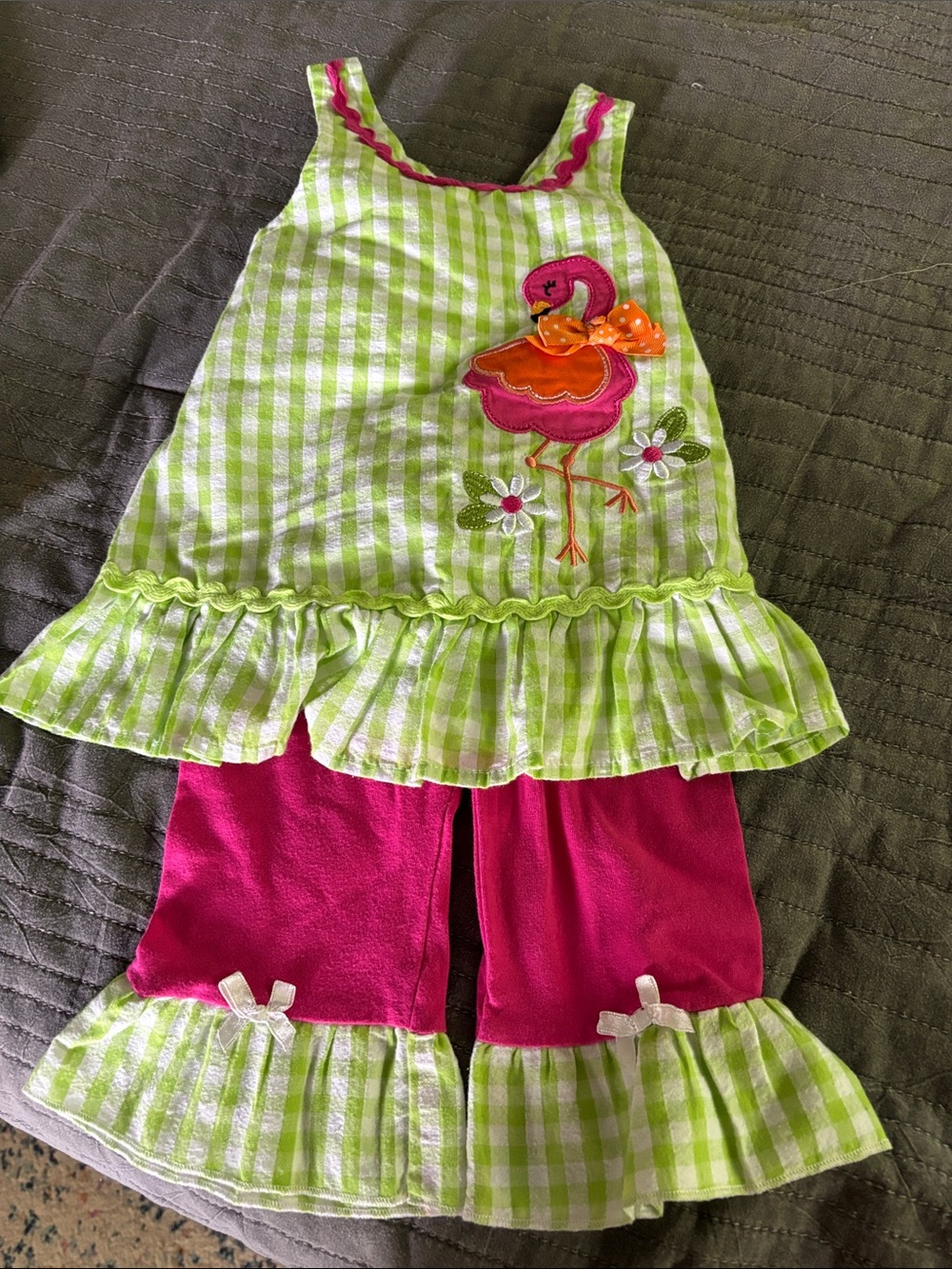 Nannette Girls Green and Pink Flamingo Two-Piece Matching Set